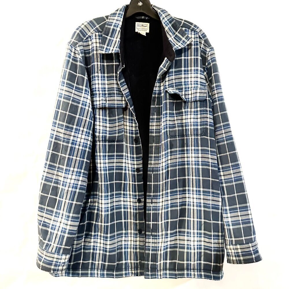 LL Bean Flannel Shirt/Jacket Large Cotton Blue Plaid Fleece Lined Tradition